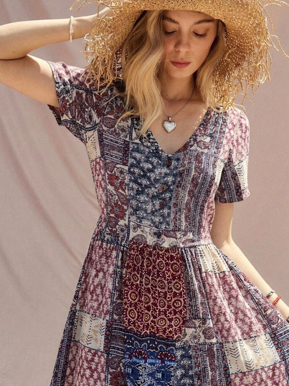 NWT Billabong Boho Patchwork Cutout Back Mini Dress Burgundy Navy Small S